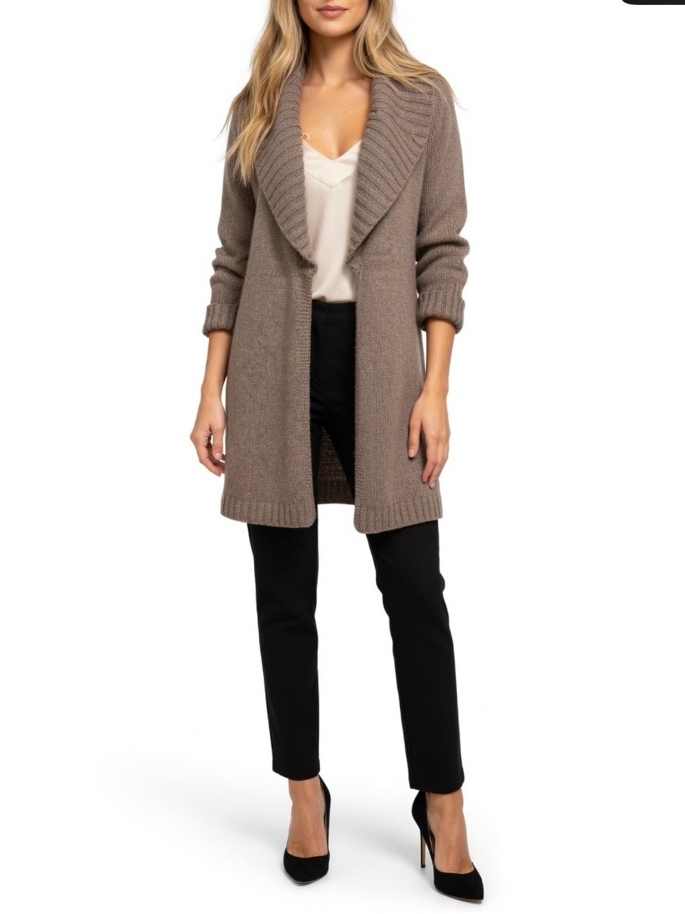 Massimo Dutti Cashmere & Wool Almond Shawl Collar Open-Front Knit Cardigan